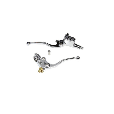 A pair of Moto Iron® 1" Vintage Handlebar Control Kit with Master Cylinder & Clutch (Chrome) on a white background.