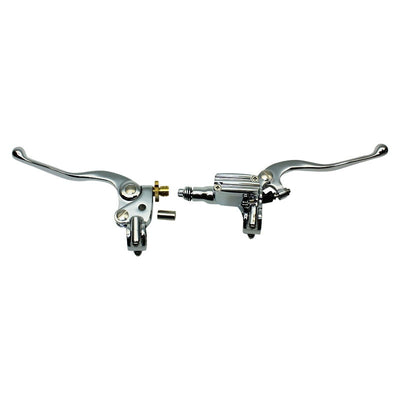A pair of Moto Iron® 1" Vintage Handlebar Control Kits with Master Cylinder & Clutch (Chrome) on a white background.