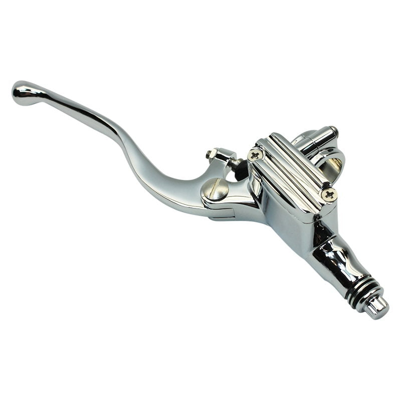 A Moto Iron® 1" Vintage Handlebar Control Kit with Master Cylinder & Clutch (Chrome) Harley and Custom Motorcycle brake lever and handlebars on a white background.