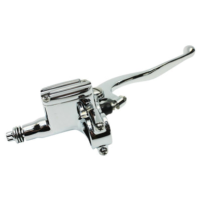 A Moto Iron® 1" Vintage Handlebar Control Kit with Master Cylinder & Clutch (Chrome) Harley and Custom Motorcycle on a white background.