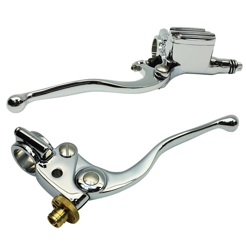 A pair of Moto Iron® chrome brake levers and slim-line master cylinder on a white background.