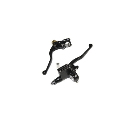 A pair of Moto Iron® 1" Vintage Handlebar Control Kit with Master Cylinder & Clutch (Black) Harley and Custom Motorcycle brake levers and motorcycle handlebars on a white background.
