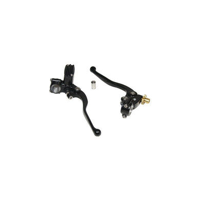 A pair of black Moto Iron® brake levers and 1" Vintage Handlebar Control Kit with Master Cylinder & Clutch (Black) Harley and Custom Motorcycle handlebars on a white background.