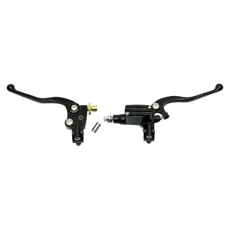A pair of 1" Vintage Handlebar Control Kit with Master Cylinder & Clutch (Black) Harley and Custom Motorcycle brake levers and clutch on a white background.