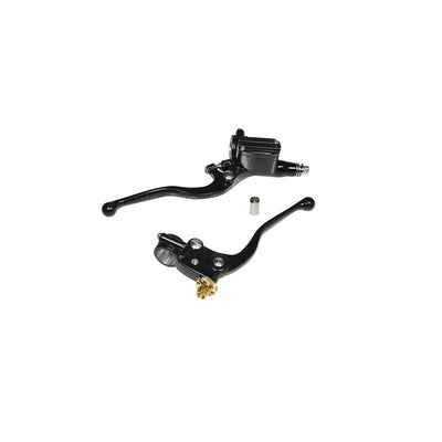 A pair of Moto Iron® 1" Vintage Handlebar Control Kit with Master Cylinder & Clutch (Black) brake levers, master cylinder, on a white background.