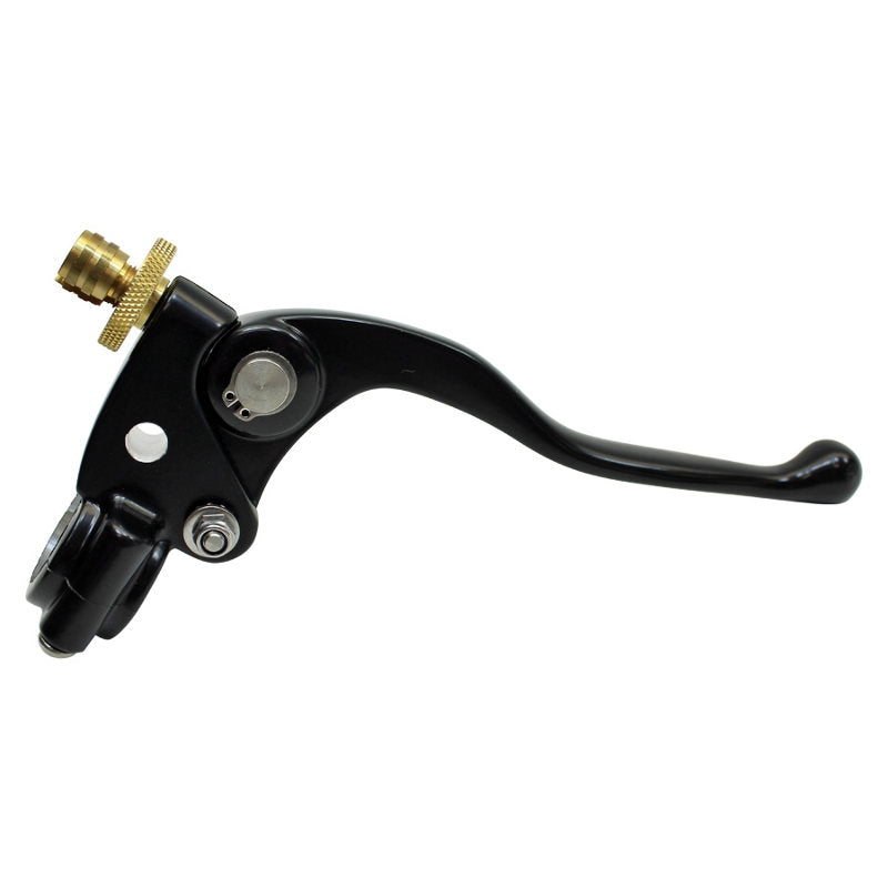A black 1" Vintage Handlebar Control Kit with Master Cylinder & Clutch Harley and Custom Motorcycle lever and a white background. Brand Name: Moto Iron®.