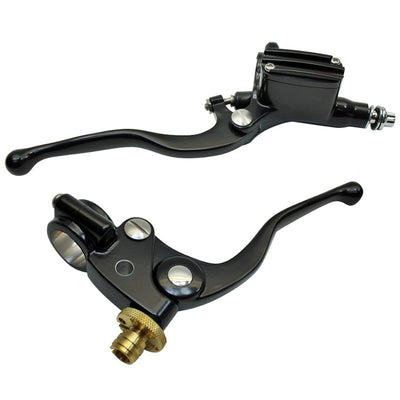 A pair of Moto Iron® 1" Vintage Handlebar Control Kit with Master Cylinder & Clutch (Black) brake levers on a white background, designed for motorcycles.