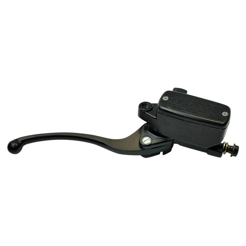 A black Moto Iron® Front Brake Master Cylinder for 1" Motorcycle Handlebars on a white background, perfect for Harley motorcycles.