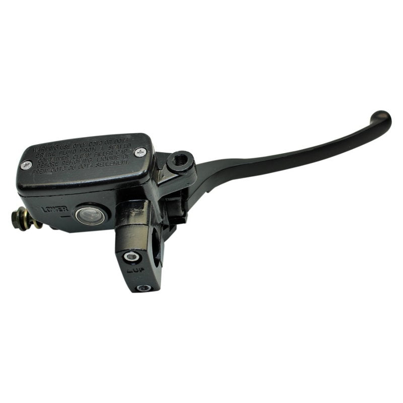 A Moto Iron® Front Brake Master Cylinder for 1" Motorcycle Handlebars - Black on a white background with master cylinder.