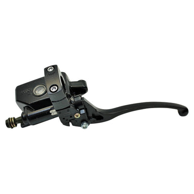 A Moto Iron® Front Brake Master Cylinder for 1" Motorcycle Handlebars - Black on a white background.