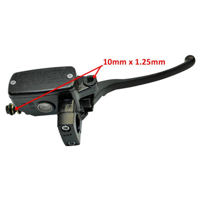 A picture of a Moto Iron® Front Brake Master Cylinder for 1" Motorcycle Handlebars - Black with a diameter of 10mm, suitable for Harley motorcycles.