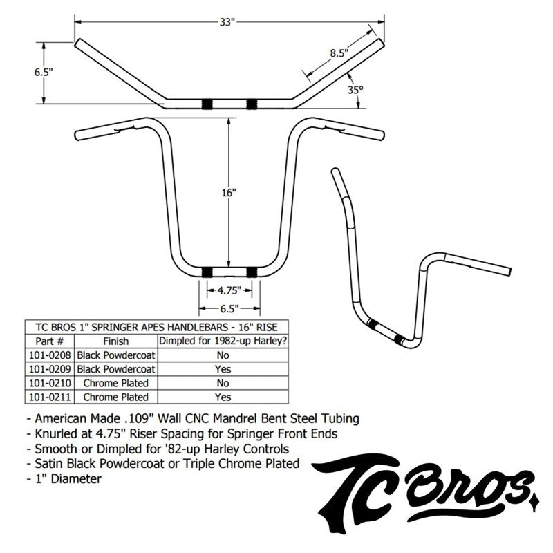 A drawing of the TC Bros. 1" Springer Apes Handlebars - 16" Chrome for a motorcycle, designed by TC Bros.