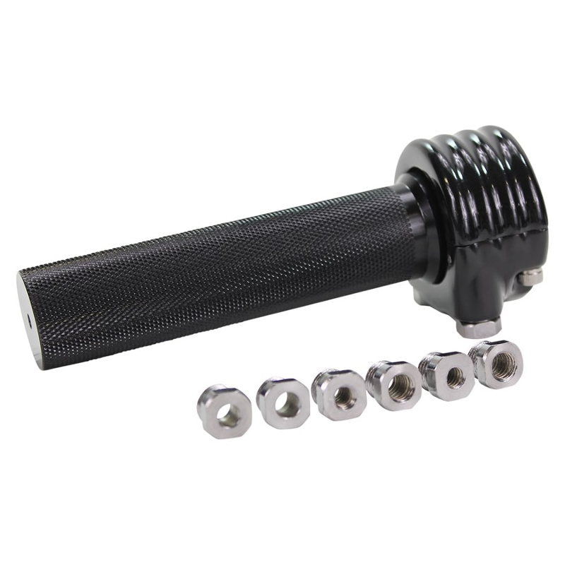A set of custom TC Bros. 1" Dual Cable Motorcycle Throttle - Black nuts and bolts by TC Bros., displayed on a white background.