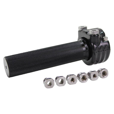 A set of custom TC Bros. 1" Dual Cable Motorcycle Throttle - Black nuts and bolts on a white background.