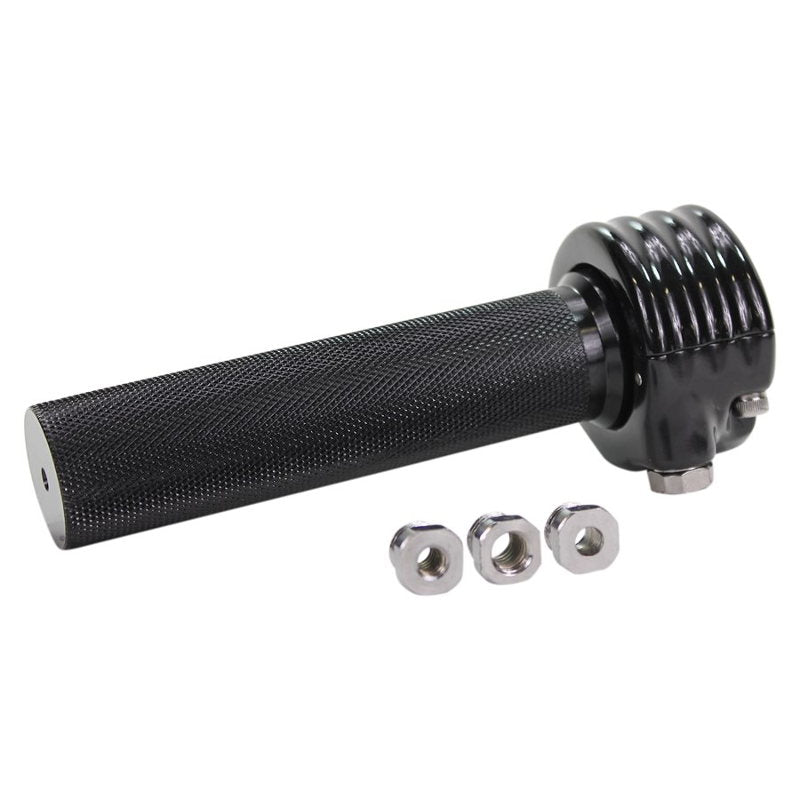 A TC Bros. 1" Single Cable Motorcycle Throttle - Black lever with nuts and bolts on a white background, commonly found on Harley Davidson motorcycles.