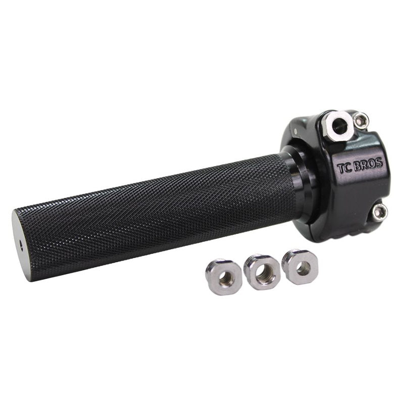 A TC Bros. 1" Single Cable Motorcycle Throttle - Black with nuts and bolts on a white background, designed for Harley Davidson motorcycles' throttle grips.