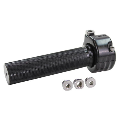 A TC Bros. 1" Single Cable Motorcycle Throttle - Black lever with nuts and bolts grips on a white background.