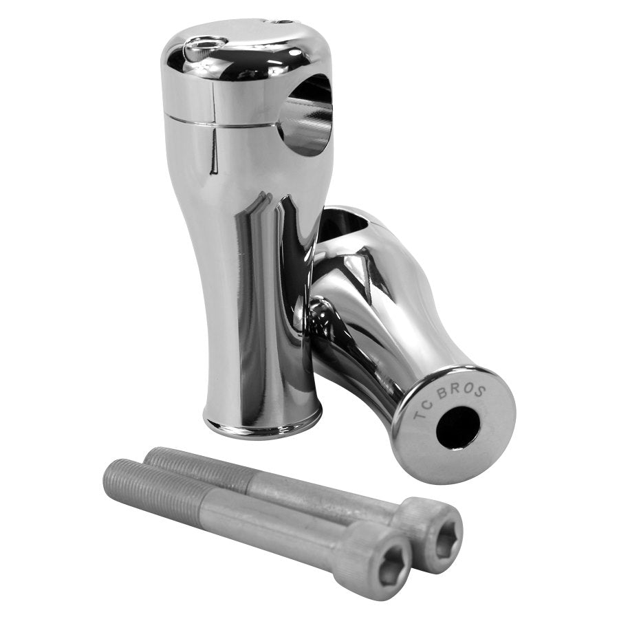 A pair of TC Bros. 4" Chrome Springer Risers for 1" Diameter Handlebars with a screw and nut.