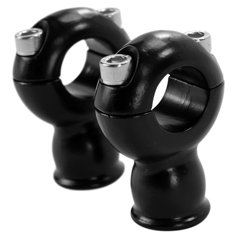 Two TC Bros. black plastic handlebar clamps on a white background, featuring TC Bros. 2" Classic Black Stainless Risers for 1" Diameter Handlebars.