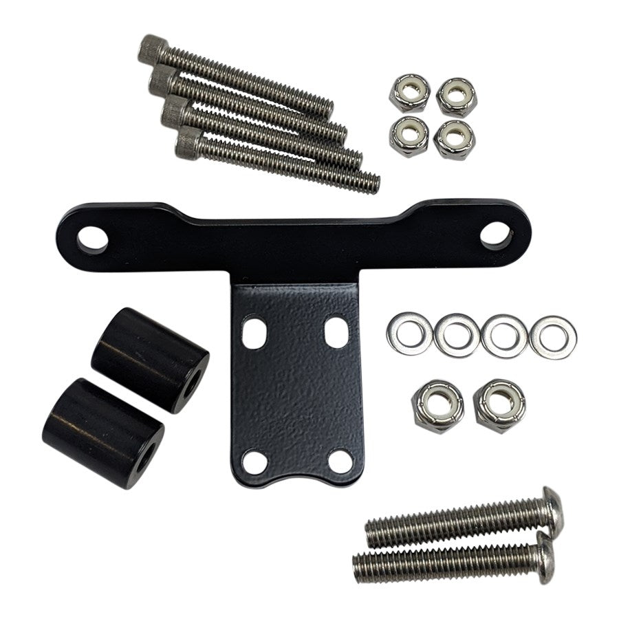 A set of bolts, nuts, washers, and TC Bros. Black Gauge Mount Bracket for Pro Series Pull Back Handlebar Risers for a motorcycle.