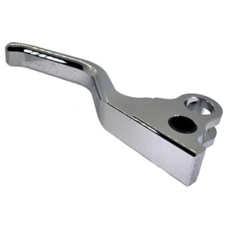 An 1FNGR Billet Brake Lever - Chrome - FXR, Softail, Sportster, Dyna (Matching to 1FNGR easy pull clutch) handle on a white background.