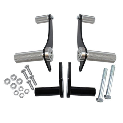A pair of TC Bros. Yamaha Maxim XJ650 Forward Controls Kit with bolts and nuts suitable for Yamaha XJ650 Maxim model, as well as compatible with aftermarket exhausts.
