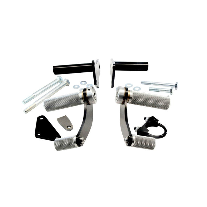 A pair of TC Bros. Honda SOHC CB750 Forward Controls Kit and hardware on a white background.