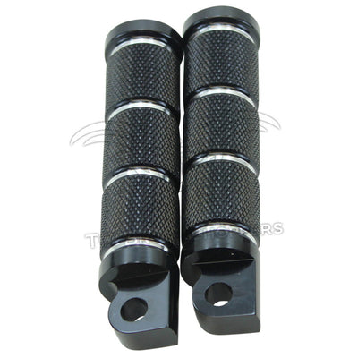 A pair of black HardDrive Knurled Foot Pegs For Harley Models 2017-Earlier on a white background.