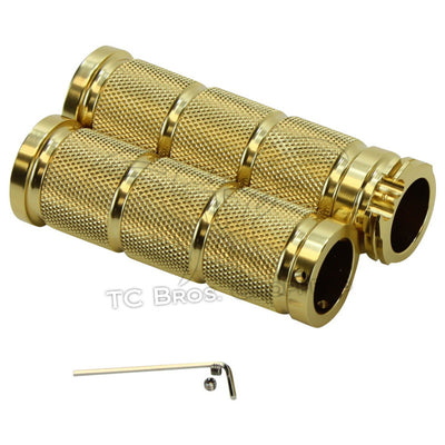 A pair of HardDrive Brass Knurled Billet 1" Grips (Harley 73-12 dual cable applications) with a screw and nut, perfect for a chopper or bobber style build.