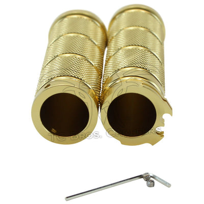 A pair of HardDrive Brass Knurled Billet 1" Grips (Harley 73-12 dual cable applications) with a screw and nut, compatible for building a chopper or bobber style bike, featuring billet bronze anodized knurled grips.