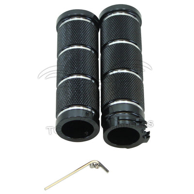 A pair of HardDrive Black Knurled Billet 1" Grips (Harley 73-12 dual cable applications), perfect for a Harley Davidson or chopper style build.