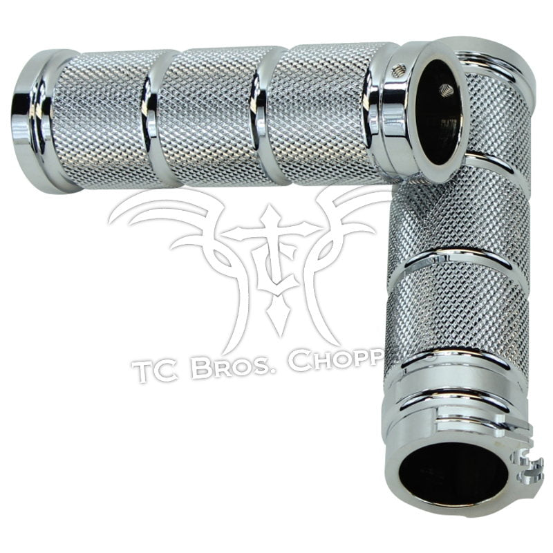 Tc bros offers HardDrive's Chrome Knurled Billet 1" Grips (Harley 73-12 dual cable applications) for Harley Davidson style handlebars. These grips are CNC machined to ensure durability and a stylish look.