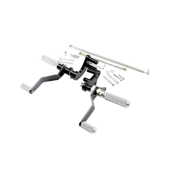 A black and white picture of a TC Bros. Sportster Forward Controls Kit for 04-13 Harley Davidson motorcycle suspension kit.