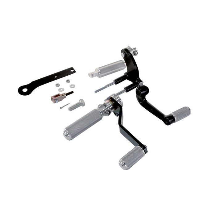 The TC Bros. Mid Controls Kit for 1991-2003 Harley-Davidson Sportster features metal foot pegs and a gear shift lever, perfect for upgrading your bike. Components are arranged on a white background.