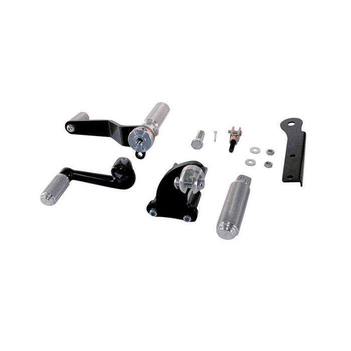The TC Bros. Mid Controls Kit for 1991-2003 Harley-Davidson Sportster features metal foot pegs and a gear shift lever, perfect for upgrading your bike. Components are arranged on a white background.