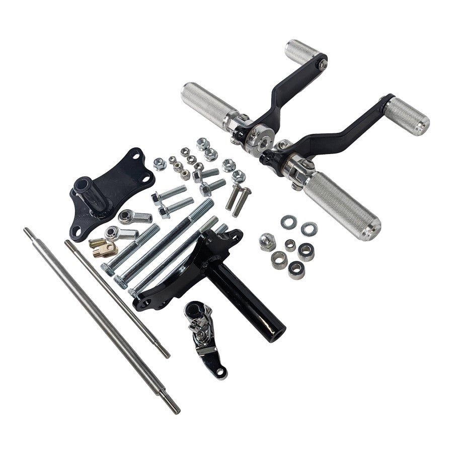 A set of TC Bros. Sportster Forward Controls Kit for 1986-1990 and hardware for a Harley motorcycle.