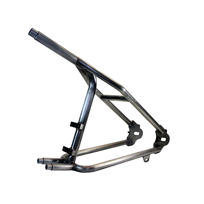 TC Bros. Weld-On Hardtail Kit for 1982-2003 Harley-Davidson Sportster with stock width tire, by TC Bros., includes a steel frame with seat tube and chain stays plus hardware components, all neatly arranged on a white background.