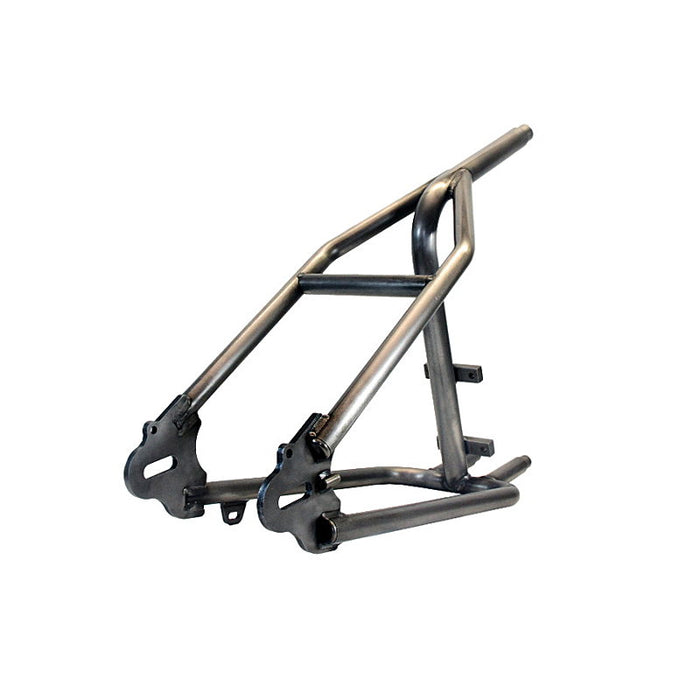 TC Bros. Weld-On Hardtail Kit for 1982-2003 Harley-Davidson Sportster with stock width tire, by TC Bros., includes a steel frame with seat tube and chain stays plus hardware components, all neatly arranged on a white background.