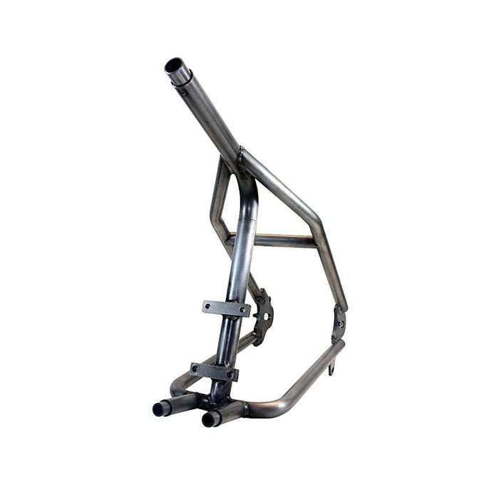 TC Bros. Weld-On Hardtail Kit for 1982-2003 Harley-Davidson Sportster with stock width tire, by TC Bros., includes a steel frame with seat tube and chain stays plus hardware components, all neatly arranged on a white background.