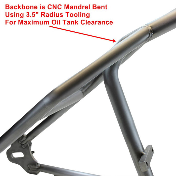 TC Bros. Weld-On Hardtail Kit for 1982-2003 Harley-Davidson Sportster with stock width tire, by TC Bros., includes a steel frame with seat tube and chain stays plus hardware components, all neatly arranged on a white background.