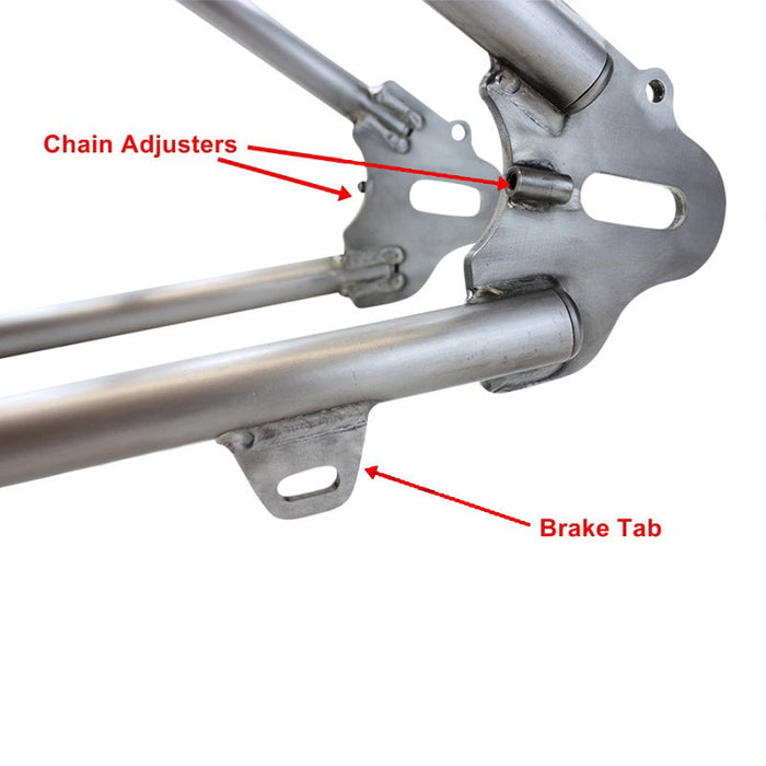 TC Bros. Weld-On Hardtail Kit for 1982-2003 Harley-Davidson Sportster with stock width tire, by TC Bros., includes a steel frame with seat tube and chain stays plus hardware components, all neatly arranged on a white background.