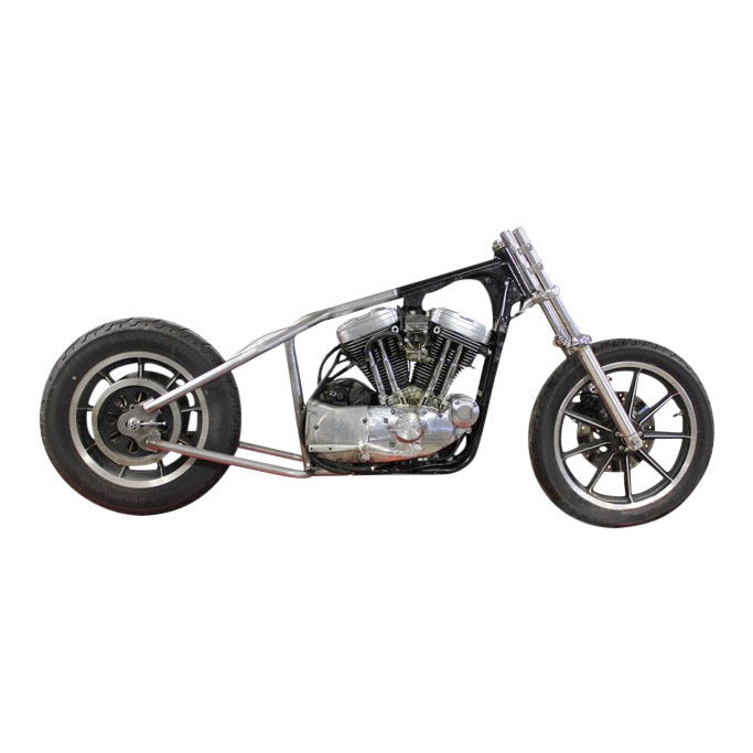 A TC Bros. Sportster Hardtail Kit for 1982-2003 (Weld On) fits 180-200 Tire motorcycle is shown on a white background providing wide wheel and tire applications. Also, it showcases the Made in the USA quality.