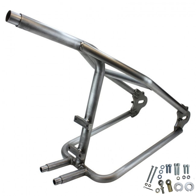 A bike frame with bolts and nuts, featuring a Harley Sportster Hardtail kit for wide wheel and tire applications, and boasting TC Bros. Made in the USA quality.