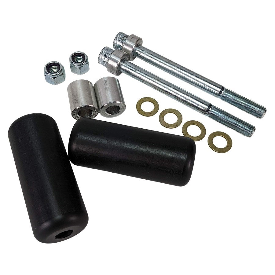 A set of TC Bros. Upper Shock Mount Delrin Crash Sliders 2006-2017 Harley Dyna bolts and nuts for a motorcycle.