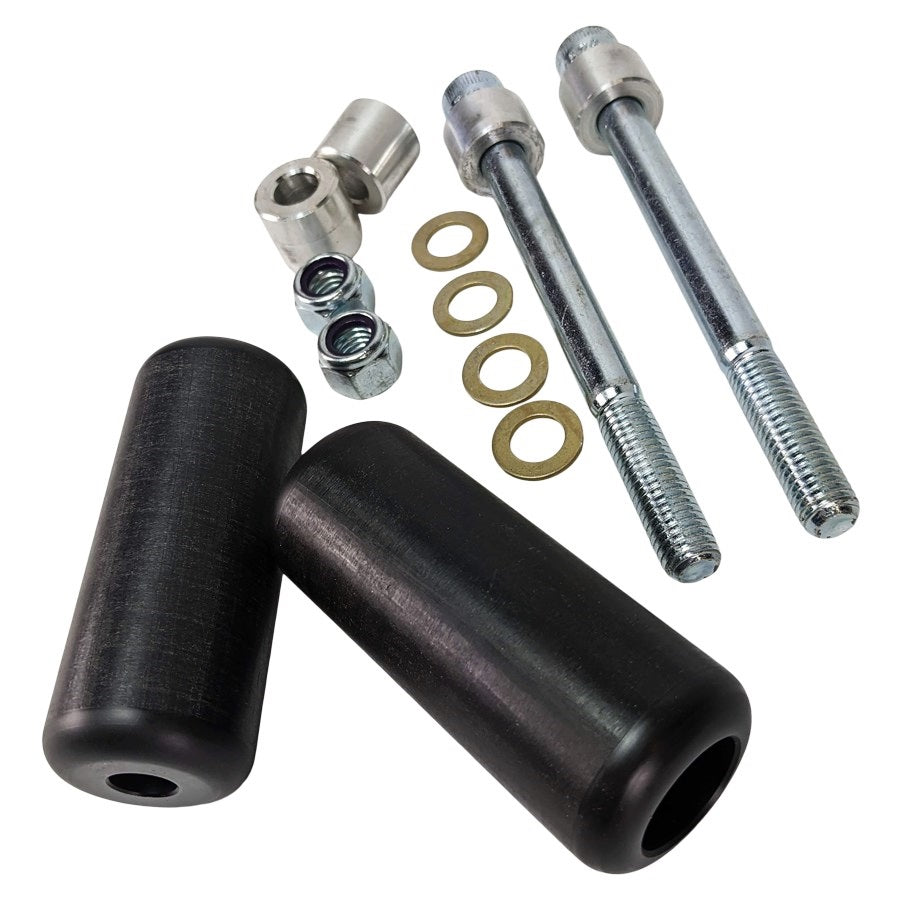 A set of black bolts, nuts, washers and TC Bros. Upper Shock Mount Delrin Crash Sliders for 1991-2005 Harley Dyna.