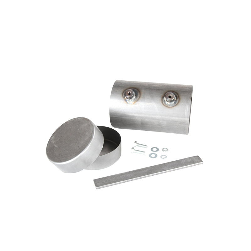 A set of TC Bros. aluminum parts with removable caps, screws, and bolts on a white background.