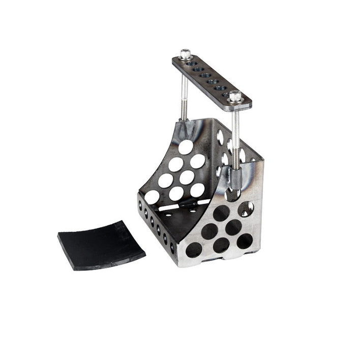 Perforated metal throttle pedal assembly with rectangular foot pad and adjustable bracket, perfect for setups using the TC Bros. Holey Battery Box, shown on a white background.