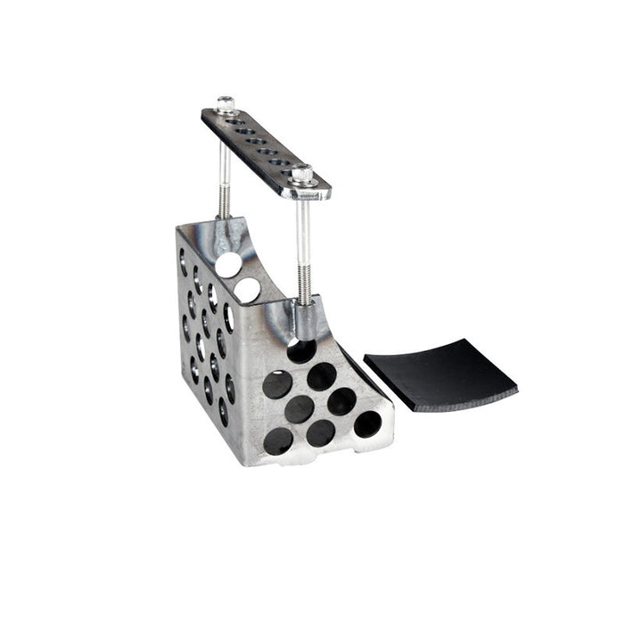 Perforated metal throttle pedal assembly with rectangular foot pad and adjustable bracket, perfect for setups using the TC Bros. Holey Battery Box, shown on a white background.