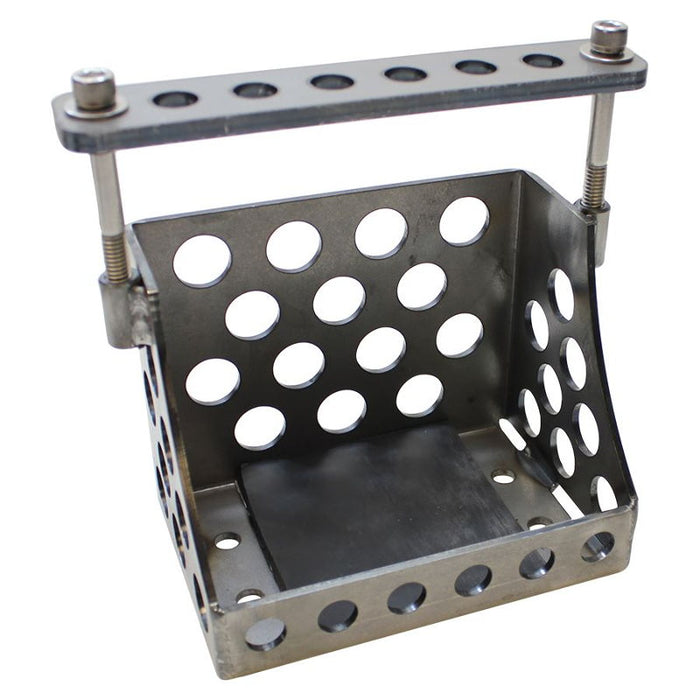 Perforated metal throttle pedal assembly with rectangular foot pad and adjustable bracket, perfect for setups using the TC Bros. Holey Battery Box, shown on a white background.