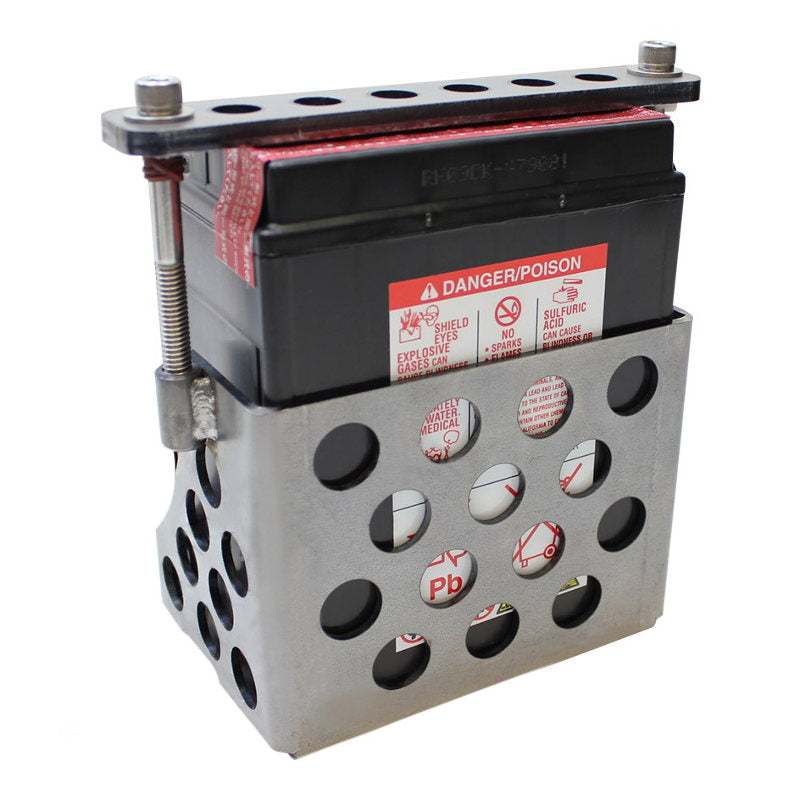 A TC Bros. metal battery holder with compartments specifically designed for TC Bros Holey Battery Box for YTX14AH or 12N14 Series batteries.